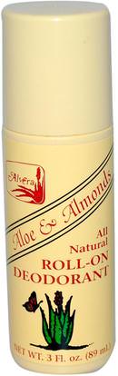 Alvera, Roll-On Deodorant, Aloe & Almonds, 3 fl oz (89 ml) ,حمام، الجمال، مزيل العرق