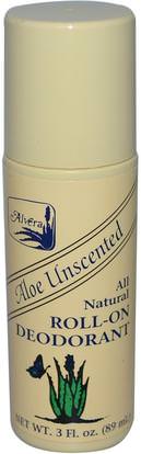 Alvera, Roll-On Deodorant, Aloe Unscented, 3 fl oz (89 ml) ,حمام، الجمال، مزيل العرق، لفة-- على مزيل العرق