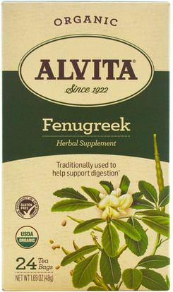 Alvita Teas, Organic, Fenugreek Tea, Caffeine Free, 24 Tea Bags, 1.69 oz (48 g) ,الصحة، دعم السكر في الدم، الحلبة