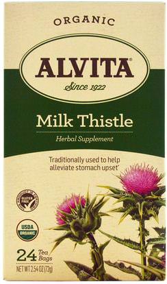 Alvita Teas, Organic, Milk Thistle Tea, Caffeine Free, 24 Tea Bags, 2.54 oz (72 g) ,الصحة، السموم، الحليب الشوك (سيليمارين)