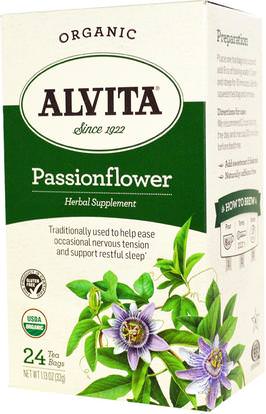 Alvita Teas, Organic Passionflower Tea, Caffeine Free, 24 Tea Bags, 1.13 oz (32 g) ,الطعام، شاي الأعشاب، زهرة العاطفة