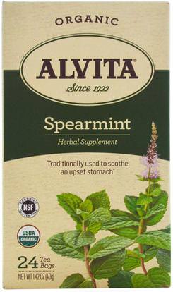 Alvita Teas, Organic, Spearmint Tea, Caffeine Free, 24 Tea Bags, 1.42 oz (40 g) ,الأعشاب، سبارمينت
