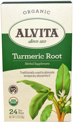 Alvita Teas, Turmeric Root, Organic, Caffeine Free, 24 Tea Bags, 1.27 oz (36 g) ,المكملات الغذائية، مضادات الأكسدة، الكركمين، الغذاء، الشاي العشبية