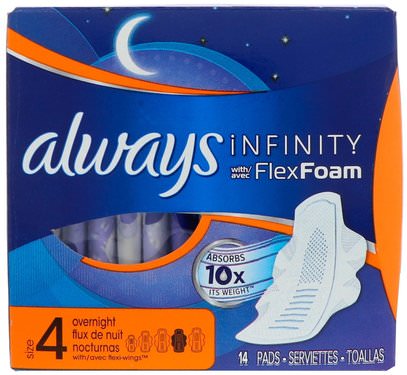 Always, Infinity Flex Foam with Wings, Size 4, Overnight, 14 Pads ,الصحة، المرأة