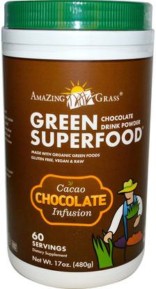 Amazing Grass, Green Superfood, Chocolate Drink Powder, Cacao Infusion, 17 oz (480 g) ,المكملات الغذائية، سوبرفوودس