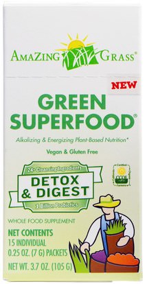 Amazing Grass, Green Superfood, Detox & Digest, 15 Packets, 0.25 oz (7 g) Each ,المكملات الغذائية، سوبرفوودس