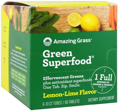 Amazing Grass, Green Superfood, Effervescent Greens, Lemon-Lime Flavor, 6 Tubes, 10 Tablets Each ,المكملات الغذائية، سوبرفوودس، الخضر