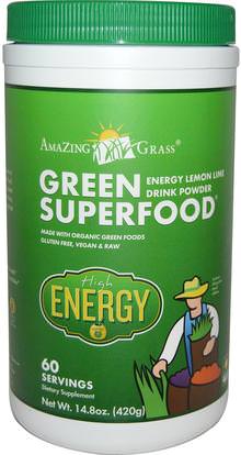 Amazing Grass, Green Superfood, Energy Lemon Lime Drink Powder, 14.8 oz (420 g) ,الصحة، مشروبات الطاقة مزيج، المكملات الغذائية، سوبرفوودس، الخضر