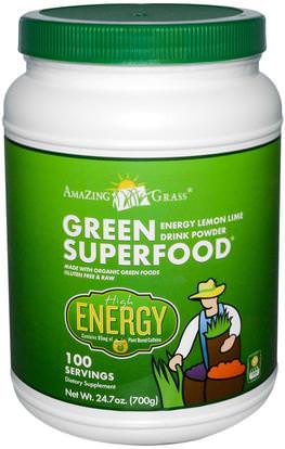 Amazing Grass, Green Superfood, Energy Lemon Lime Powder Drink, 24.7 oz (700 g) ,الصحة، مشروبات الطاقة مزيج، المكملات الغذائية، سوبرفوودس، الخضر