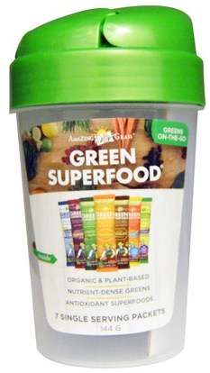 Amazing Grass, Green Superfood Shaker Cup and 7 Flavors of Green Superfood, 1 - 20 oz Cup, 7 Packets (7 g) Each ,الرياضة، اللياقة البدنية زجاجات المياه شاكر الكؤوس