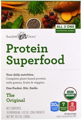 Amazing Grass, Protein Superfood, All In One Nutrition Shake, The Original, 10 Packets, 1.02 oz (29 g) Each ,المكملات الغذائية، الحزم خدمة واحدة، سوبرفوودس