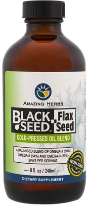 Amazing Herbs, Black Seed, Flax Seed, Cold-Pressed Oil Blend, 8 fl. oz (240 ml) ,الأعشاب، البذور السوداء، إيفا أوميجا 3 6 9 (إيبا دا)، الكتان النفط السائل