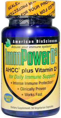 American Biosciences, ImmPower D3, AHCC Plus Vitamin D3, 30 Veggie Caps ,الفيتامينات، فيتامين d3، المكملات الغذائية، الفطر الطبية، أهك