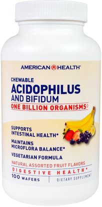 American Health, Chewable Acidophilus And Bifidium, Natural Assorted Fruit Flavors, 100 Wafers ,والمكملات الغذائية، والإنزيمات الهضمية، أسيدوفيلوس والوسائل الهضمية