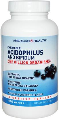 American Health, Chewable Acidophilus and Bifidum, Natural Blueberry Flavor, 100 Wafers ,المكملات الغذائية، البروبيوتيك، استقرت البروبيوتيك