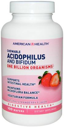 American Health, Chewable Acidophilus and Bifidum, Natural Strawberry Flavor, 100 Wafers ,المكملات الغذائية، البروبيوتيك، استقرت البروبيوتيك، بيفيدوس