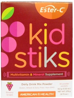 American Health, Ester-C Kidstiks, Daily Drink Mix Powder, Groovy Grape Flavor, 30 Powder Packets, 0.32 oz (9.2 g) Each ,الفيتامينات، فيتامين ج، استر مسحوق ج