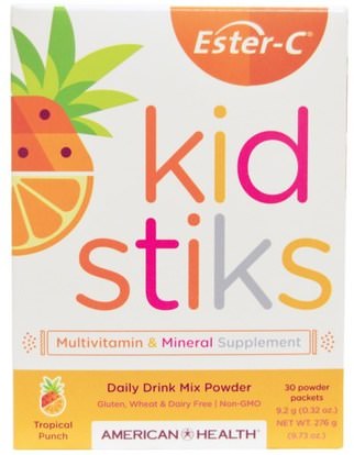 American Health, Ester-C Kidstiks, Daily Drink Mix Powder, Tropical Punch Flavor, 30 Powder Packets, 9.2 g (0.32 oz) Each ,الفيتامينات، فيتامين ج، الفيتامينات المتعددة، الأطفال الفيتامينات