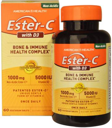 American Health, Ester-C with D3, Bone and Immune Health Complex, 1000 mg/5000 IU, 60 Veggie Tabs ,الفيتامينات، فيتامين ج، فيتامين d3