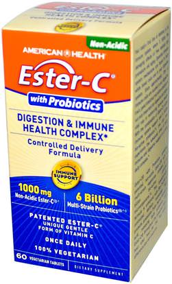 American Health, Ester-C, with Probiotics, Digestion & Immune Health Complex, 60 Veggie Tabs ,الفيتامينات، فيتامين ج، والمكملات الغذائية، البروبيوتيك، استقرت البروبيوتيك