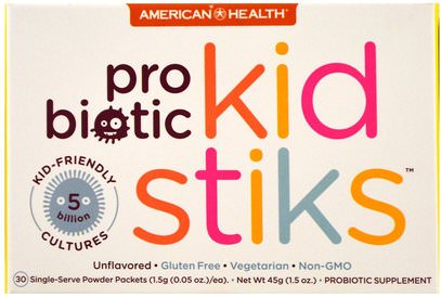 American Health, Probiotic Kidstiks, Unflavored, 30 Packets, 1.5 g (0.05 oz) Each ,المكملات الغذائية، البروبيوتيك، الأطفال البروبيوتيك، استقرت البروبيوتيك