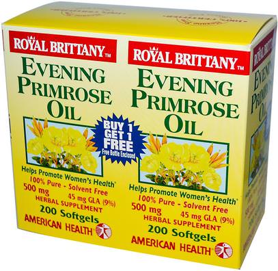 American Health, Royal Brittany, Evening Primrose Oil, 500 mg, 2 Bottles, 200 Softgels Each ,المكملات الغذائية، إيفا أوميجا 3 6 9 (إيبا دا)، زيت زهرة الربيع المسائية، زيت زهرة الربيع سوفتغيلس