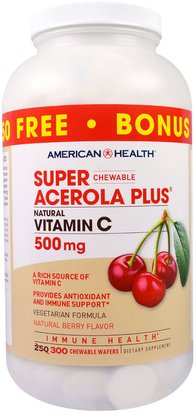 American Health, Super Chewable Acerola Plus, Natural Berry Flavor, 500 mg, 300 Chewable Wafers ,الفيتامينات، فيتامين ج، فيتامين ج مضغ، فيتامين ج أسيرولا