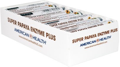 American Health, Super Papaya Enzyme Plus Chewable Tablets, 16 Rolls, 12 Tablets Each ,المكملات الغذائية، الانزيمات، البابايا غراء، الانزيمات الهاضمة