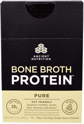 Ancient Nutrition, Bone Broth Protein, Pure, 15 Single Serve Packets.78 oz (22.25 g) Each ,الصحة، العظام، هشاشة العظام، الصحة المشتركة، مرق العظام، المكملات الغذائية، البروتين