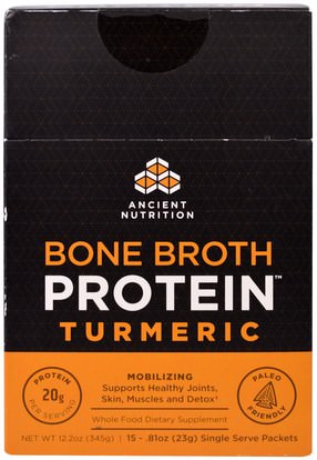 Ancient Nutrition, Bone Broth Protein, Turmeric, 15 Single Serve Packets.81 oz (23 g) Each ,الصحة، العظام، هشاشة العظام، الصحة المشتركة، مرق العظام، المكملات الغذائية، الكركمين