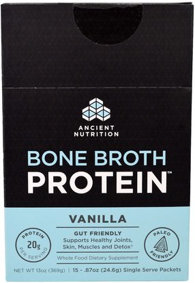 Ancient Nutrition, Bone Broth Protein, Vanilla, 15 Single Serve Packets.87 oz (24.6 g) Each ,الصحة، العظام، هشاشة العظام، الصحة المشتركة، مرق العظام، المكملات الغذائية، البروتين