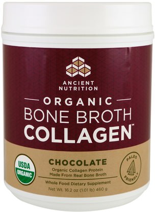 Ancient Nutrition, Organic Bone Broth Collagen, Chocolate, 16.2 oz (460 g) ,الصحة، العظام، هشاشة العظام، الصحة المشتركة، مرق العظام، المكملات الغذائية، البروتين