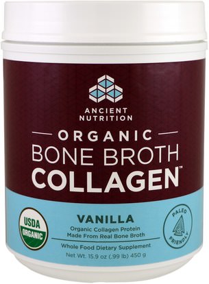 Ancient Nutrition, Organic Bone Broth Collagen, Vanilla, 15.9 oz (450 g) ,الصحة، العظام، هشاشة العظام، الصحة المشتركة، مرق العظام، المكملات الغذائية، البروتين