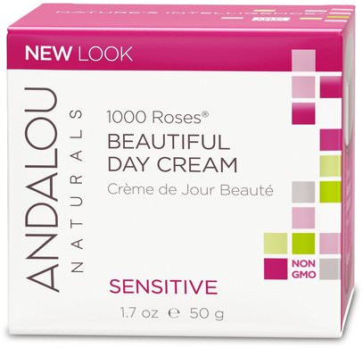 Andalou Naturals, 1000 Roses Beautiful Day Cream, Sensitive, 1.7 oz (50 ml) ,الصحة، بشرة، كريمات، ضوء، الجمال، هيالورونيك، حامض، إلتحم