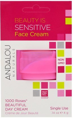 Andalou Naturals, 1000 Roses Beautiful Day Cream, Single Use.14 oz (4 g) ,الصحة، الجلد، الكريمات اليوم، الجمال، العناية بالوجه، نوع الجلد الوردية، البشرة الحساسة