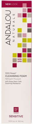 Andalou Naturals, 1000 Roses Cleansing Foam, Sensitive, 5.5 fl oz (163 ml) ,الجمال، العناية بالوجه، نوع الجلد الوردية، البشرة الحساسة