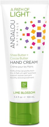 Andalou Naturals, A Path of Light, Shea Butter + Cocoa Butter Hand Cream, Lime Blossom, 3.4 fl oz (100 ml) ,حمام، الجمال، كريمات اليد، زبدة الشيا