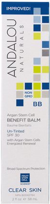 Andalou Naturals, Argan Stem Cell Benefit Balm, Un-Tinted with SPF 30, Clear Skin, 2 fl oz (58 ml) ,الجمال، العناية بالوجه، نوع الجلد التحرير والسرد للبشرة الدهنية، فيتامين ج