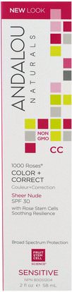 Andalou Naturals, CC 1000 Roses, Color + Correct, Sheer Nude SPF 30, Sensitive, 2 fl oz (58 ml) ,الجمال، العناية بالوجه، سف العناية بالوجه