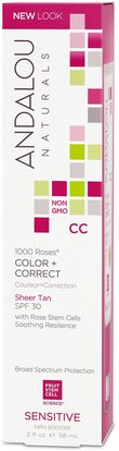Andalou Naturals, CC 1000 Roses Color + Correct, Sheer Tan with SPF 30, Sensitive, 2 fl oz (58 ml) ,الجمال، العناية بالوجه، سف العناية بالوجه