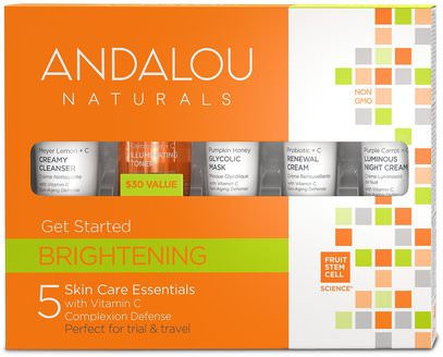 Andalou Naturals, Get Started Brightening, Skin Care Essentials, 5 Piece Kit ,الصحة، الجلد، الكريمات الليل، حمام، الجمال، هدية مجموعات، السفر عينة أطقم