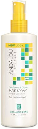 Andalou Naturals, Hair Spray, Brilliant Shine, Sunflower & Citrus, Medium Hold, 8.2 fl oz (242 ml) ,حمام، الجمال، الشعر، فروة الرأس، رذاذ الشعر الطبيعي