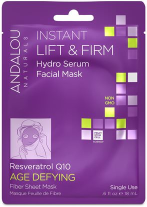 Andalou Naturals, Instant Lift & Firm, Hydro Serum Facial Mask, Age Defying, 1 Single Use Fiber Sheet Mask.6 fl oz (18 ml) ,الجمال، أقنعة الوجه، أقنعة ورقة