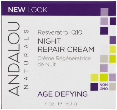 Andalou Naturals, Night Repair Cream, Resveratrol Q10, Age-Defying, 1.7 oz (50 g) ,الصحة، الجلد، الكريمات الليلية، فيتامين ج