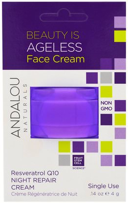 Andalou Naturals, Night Repair Cream, Resveratrol Q10, Single Use.14 oz (4 g) ,الصحة، الجلد، الكريمات الليلية، فيتامين ج