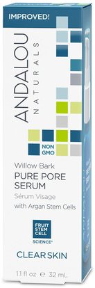 Andalou Naturals, Pure Pore Serum, Clear Skin, Willow Bark, 1.1 fl oz (32 ml) ,الصحة، مصل الجلد، الجمال، حمض الصفصاف