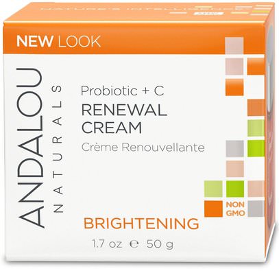 Andalou Naturals, Renewal Cream, Probiotic + C, Brightening, 1.7 fl oz (50 ml) ,الجمال، العناية بالوجه، مانوكا العسل العناية بالبشرة، اشراق العناية الوجه