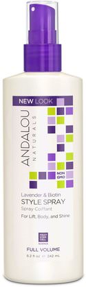 Andalou Naturals, Style Spray, Full Volume, Lavender & Biotin, 8.2 fl oz (242 ml) ,حمام، الجمال، الشعر، فروة الرأس، رذاذ الشعر الطبيعي