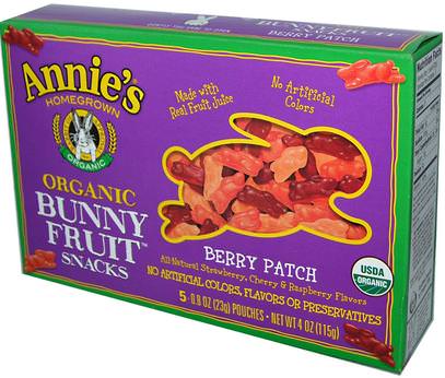 Annies Homegrown, Organic Bunny Fruit Snacks, Berry Patch, 5 Pouches, 0.8 oz (23 g) Each ,الطعام، الوجبات الخفيفة، الحلوى