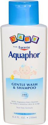Aquaphor, Baby, Gentle Wash and Shampoo, Fragrance Free, 8.4 fl oz (250 ml) ,حمام، جمال، شامبو، أطفال شامبو، هلام الاستحمام، الاطفال غسل الجسم، استحمام الطفل هلام